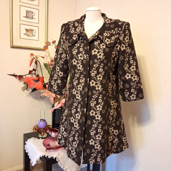 NEW Women’s Elegant Pea Coat Brown Cream Floral Lined Trench Coat ¾ Sleeve 14 L - Picture 2 of 10